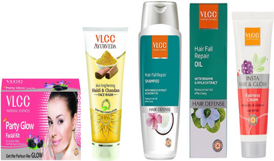 

VLCC Party Glow facial kit 60gm+Haldi Chandan FW 100ml+Hairfall repair shampoo 200ml+Hairfall repair oil 100ml+Insta fairness 50g(Set of 5)