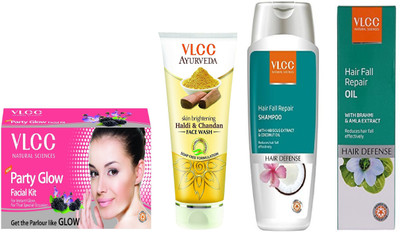 

VLCC Party Glow facial kit 60gm+Haldi Chandan face wash 100ml+Hairfall repair shampoo 200ml+Hairfall repair oil 100ml(Set of 4)