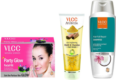 

VLCC Party Glow facial kit 60gm+Haldi Chandan face wash 100ml+Hairfall repair shampoo 200ml(Set of 3)