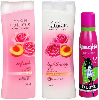 

Avon Anew Naturals Body care Rose & Peach Shower Gel (200 ml) & one Naturals Body Care Rose & Peach hand & body lotion (200 ml) With one sparkle perfume spray 150 ml(Set of 3)