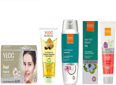

VLCC Pearl facial kit 60gm+Haldi Chandan face wash 100ml+Hairfall repair shampoo 200ml+Hairfall repair oil 100ml+Insta fairness 50g(Set of 5)