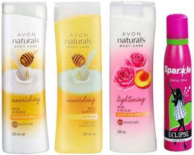 

Avon Anew Naturals Milk & Honey Hand & Body Lotion (200 ml) & one Naturals Milk & Honey Hand & Body Lotion (200 ml) & one Naturals Body Care Rose & Peach hand & body lotion (200 ml) With one sparkle perfume spray 150 ml(Set of 4)