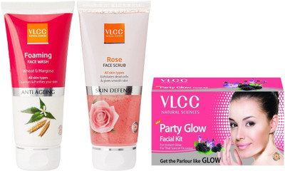 

VLCC Foaming Face wash 100ml + Rose face scrub 80g+ Party Glow Facial kit 60gm(Set of 3)