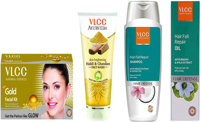 

VLCC Gold facial kit 60gm+Haldi Chandan face wash 100ml+Hairfall repair shampoo 200ml+Hairfall repair oil 100ml(Set of 4)
