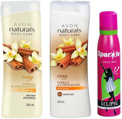 

Avon Anew vanilla and sandalwood shower gel 200 ml & one vanilla and sandalwood body lotion 200 ml With one sparkle perfume spray 150 ml(Set of 3)