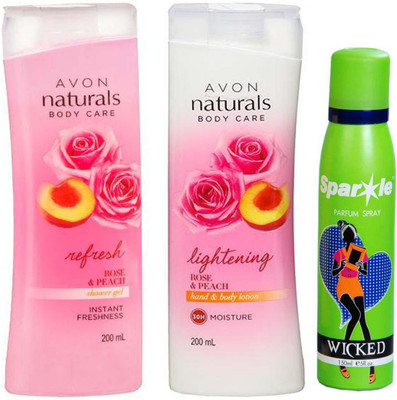 

Avon Anew Naturals Body care Rose & Peach Shower Gel (200 ml) & one Naturals Body Care Rose & Peach hand & body lotion (200 ml) With one sparkle perfume spray 150 ml(Set of 3)