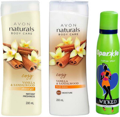 

Avon Anew vanilla and sandalwood shower gel 200 ml & one vanilla and sandalwood body lotion 200 ml With one sparkle perfume spray 150 ml(Set of 3)