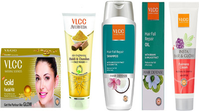 

VLCC Gold facial kit 60gm+Haldi Chandan face wash 100ml+Hairfall repair shampoo 200ml+Hairfall repair oil 100ml+Insta fairness 50g(Set of 5)