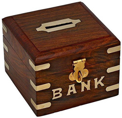 

MartCrown Safe Money Box Wooden Piggy Bank For Boys Girls And Adults Coin Bank Coin Bank(Brown)