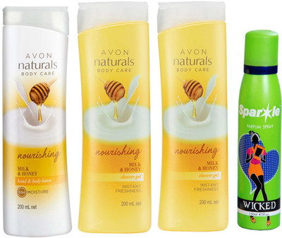 

Avon Anew Naturals Milk & Honey Hand & Body Lotion (200 ml) & two Naturals Body Care Nourishing Milk & Honey Shower Gel (200 ml) With one sparkle perfume spray 150 ml(Set of 4)