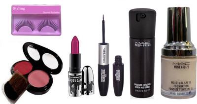 

styling Eyelashes & Mac 2 shade blusher , Mac Prep+Prime Moisture infusion serum 50ml , Mac mineralize moistyre SPf 15 foundation 40ml , Colorbar waterproof 2in 1 eyeliner & mascara, Brooke candy lipstick(Set of 6)