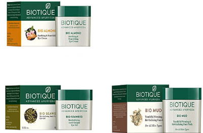 

BIOTIQUE BIO ALMOND SOOTHING & NOURISHING EYE CREAM, SEA WEED REVITALIZING ANTI-FATIGUE EYE GEL, MUD FACE PACK(Set of 3)