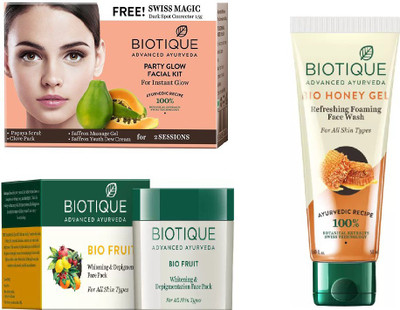 

BIOTIQUE BIO Bio Party Glow Facial Kit, Bio Fruit Face Pack, Bio Honey Gel Refreshing Foaming Face Wash For All Skin Types(Set of 3)