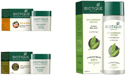 

BIOTIQUE BIO ALMOND SOOTHING & NOURISHING EYE CREAM, SEA WEED REVITALIZING ANTI-FATIGUE EYE GEL, Morning Nectar Flawless Skin Moisturizer(Set of 3)