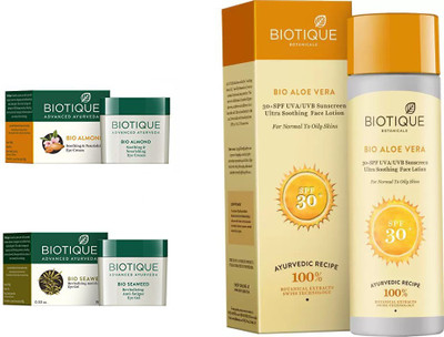 

BIOTIQUE BIO ALMOND SOOTHING & NOURISHING EYE CREAM, SEA WEED REVITALIZING ANTI-FATIGUE EYE GEL, SPF30 FACE LOTION(Set of 3)