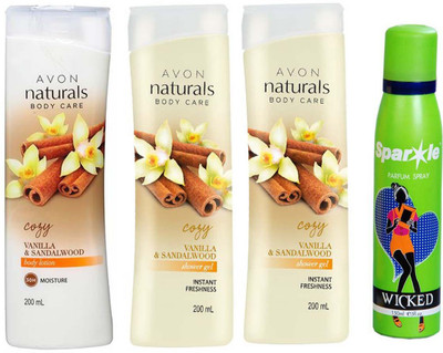 

Avon Anew vanilla sandalwood hand & body lotion 200 ml & two vanilla sandalwood shower gel 200 ml With one sparkle perfume spray 150 ml(Set of 4)