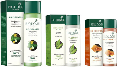 

BIOTIQUE BIO Bio Cucumber Pore Tightening Toner, Bio Morning Nectar Flawless Skin Lotion, Bio Honey Gel Refreshing Foaming Cleanser(Set of 3)