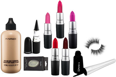

studio Of Silicon Puff, Mac Face and Body Foundation With Long Lasting Matte Finish Lipstick Set Of 5 & Mac Liquid Eyeliner & Eyelashes & Mac Black Stick Kajal(Set of 10)