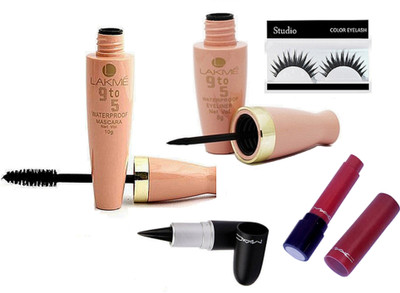 

studio Of Eyelashes, Lakme 9 to 5 Eyeliner & Mascara & Mac Black Stick Kajal & Mac Liptensity Long Lasting Lipstick(Set of 5)