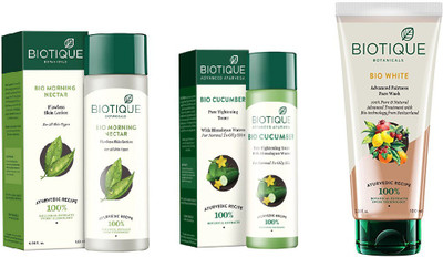 

BIOTIQUE BIO Morning Nectar Flawless Skin Moisturizer, Cucumber Pore Tightening Toner, white advanced fairness face wash(Set of 3)
