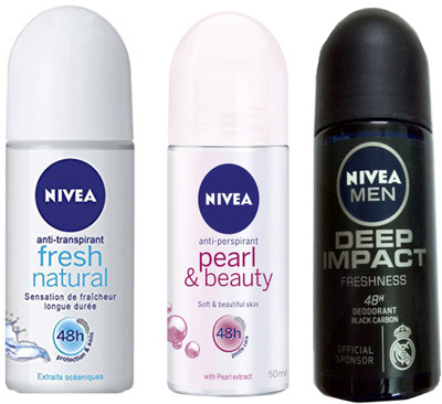 

Nivea MEN DEEP IMPACT FRESHNESS BLACK CARBON ROLL ON DEODORANT 50 ML +PEARL & BEAUTY ROLL ON DEODORANT 50 ML +FRESH NATURAL DEODORANT 50 ML Deodorant Spray - For Men & Women(50 ml, Pack of 3)