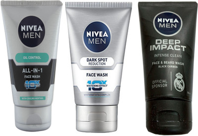 

Nivea MEN DEEP IMPACT INTENSE CLEAN BLACK CARBON FACE & BEARD WASH 100 ML + MEN ALL-IN-1 FACE WASH 100 ML + MEN DARK SPOT REDUCTION FACE WASH 100 ML Face Wash(100 g)