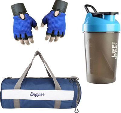 

Snipper Combo Of Gym Bag With Shoe Compartment,Gym Gloves and Life is a sports Shaker Bottle(Blue) Gym & Fitness Kit