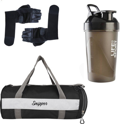 

Snipper Combo Of Gym Bag With Shoe Compartment,Gym Gloves 1030 and Life is a sports Shaker Bottle(Black) Gym & Fitness Kit