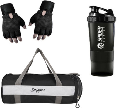 

Snipper Combo Of Gym Bag With Shoe Compartment,Gym Gloves and Spider Shaker Bottle(Black) Gym & Fitness Kit