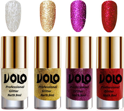 

Volo Professionally Used Glitter Shine Nail Polish Combo Pack of 4 White Nail Art And Glitter, Golden Glitter, Purple Glitter, Red Glitter(Pack of 4)