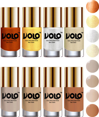 

Volo High-Shine Long Lasting Non Toxic Professional Nail Polish Set of 8 Red Gold, Golden, Metallic Silver, Light Golden, Nude Tude(Pack of 8)