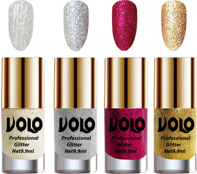 

Volo Professionally Used Glitter Shine Nail Polish Combo Pack of 4 White Nail Art And Glitter, Silver Glitter, Magenta Glitter, Golden Glitter(Pack of 4)
