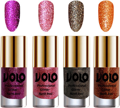 

Volo Professionally Used Glitter Shine Nail Polish Combo Pack of 4 Purple Glitter, Pink Glitter, Dark Grey Glitter, Light Orange Glitter(Pack of 4)