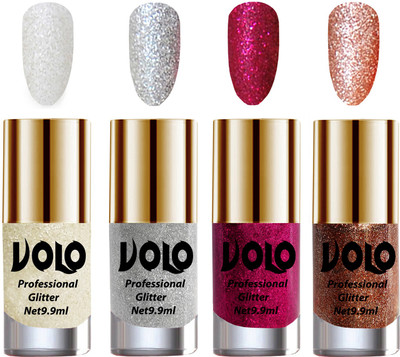 

Volo Professionally Used Glitter Shine Nail Polish Combo Pack of 4 White Nail Art And Glitter, Silver Glitter, Magenta Glitter, Peach Glitter(Pack of 4)