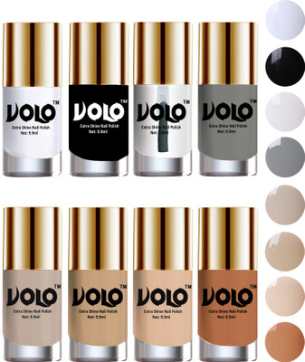 

Volo High-Shine Long Lasting Non Toxic Professional Nail Polish Set of 8 Matte White, Black, Extra Shine Top Coat, Grey, Nude Tude(Pack of 8)