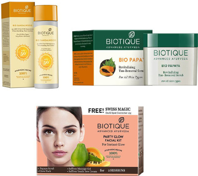 

BIOTIQUE BIO Bio Sandalwood Ultra Soothing Face Lotion 50+ SPF UVA/UVB Sunscreen, Bio Papaya Revitalizing Tan Removal Scrub, Bio Party Glow Facial Kit(Set of 3)