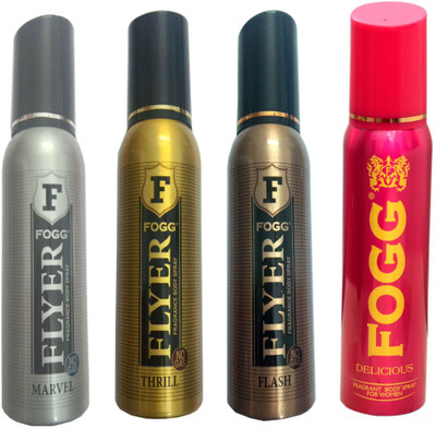 

Fogg FLYER FLASH DEODORANT 120 ML+FLYER MARVEL DEODORANT 120+FLYER THRILL DEODORANT 120 ML+DELICIOUS DEODORANT 120 ML Deodorant Spray - For Men & Women(120 ml, Pack of 4)