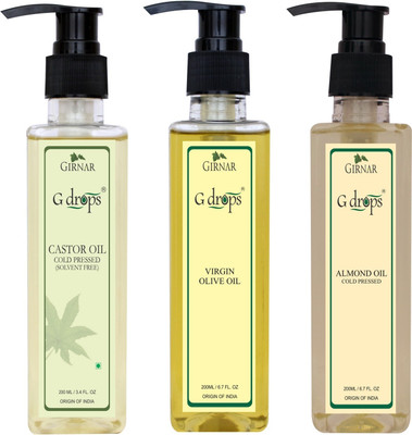 

G Drops Castor,Virgin Olive & Almond Oil Combo(200ml+200ml+200ml) Hair Oil(600 ml)