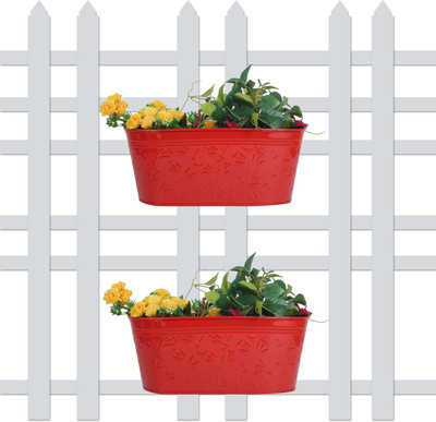 

Wonderland ( SET of 2 ) 12 inch Self embossed Railing planters in Red Plant Container Set(Pack of 2, Metal)