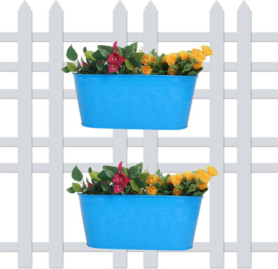 

Wonderland ( SET of 2 ) 12 inch Self embossed Railing planters in Blue Plant Container Set(Pack of 2, Metal)