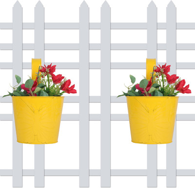 

Wonderland (SET OF 2) round bucket railing planter with embossed butterfly in Yellow Plant Container Set(Pack of 2, Metal)