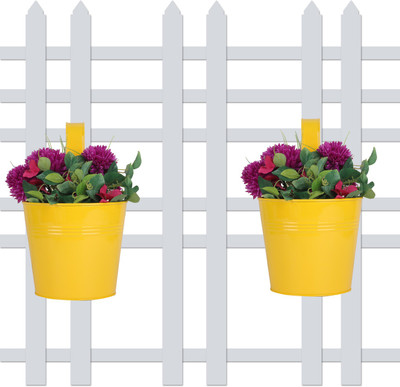 

Wonderland (SET OF 2) round bucket Plain Railing planter in Yellow Plant Container Set(Pack of 2, Metal)