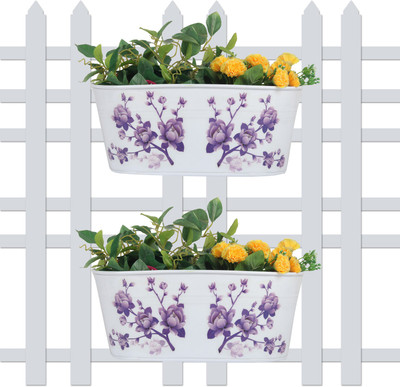 

Wonderland ( SET of 2 ) 12 inch Printed Railing planters in White Plant Container Set(Pack of 2, Metal)