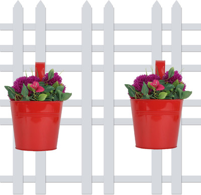

Wonderland (SET OF 2) round bucket Plain Railing planter in Red Plant Container Set(Pack of 2, Metal)