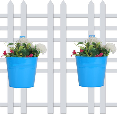

Wonderland (SET OF 2) round bucket Plain Railing planter in Blue Plant Container Set(Pack of 2, Metal)
