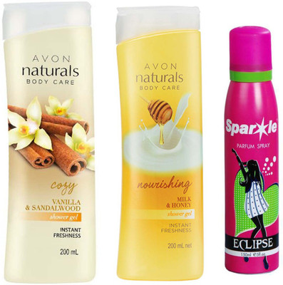 

Avon Anew vanilla sandalwood shower gel 200 ml & Naturals Body Care Nourishing Milk & Honey Shower Gel (200 ml) With one sparkle perfume spray 150 ml(Set of 3)