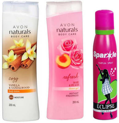 

Avon Anew Naturals Body care Rose & Peach Shower Gel (200 ml) & one vanilla sandalwood hand and body lotion 200 ml With one sparkle perfume spray 150 ml(Set of 3)