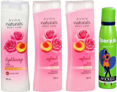 

Avon Anew Naturals Body Care Rose & Peach hand & body lotion (200 ml) & two Naturals Body care Rose & Peach Shower Gel (200 ml) With one sparkle perfume spray 150 ml(Set of 4)