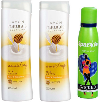 

Avon Anew two Naturals Milk & Honey Hand & Body Lotion (200 ml) With one sparkle perfume spray 150 ml(Set of 3)