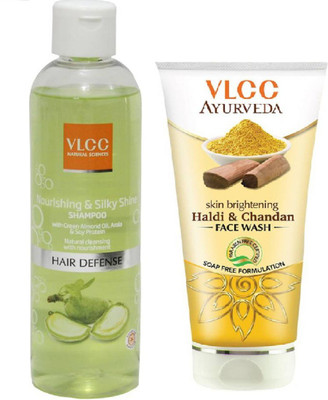 

VLCC Nourishing & Silky shine shampoo 350ml + Haldi chandan face wash 100ml(Set of 2)